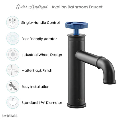 Swiss Madison Avallon 7" Single Blue Handle Matte Black Bathroom Faucet With 1.2 GPM Flow Rate