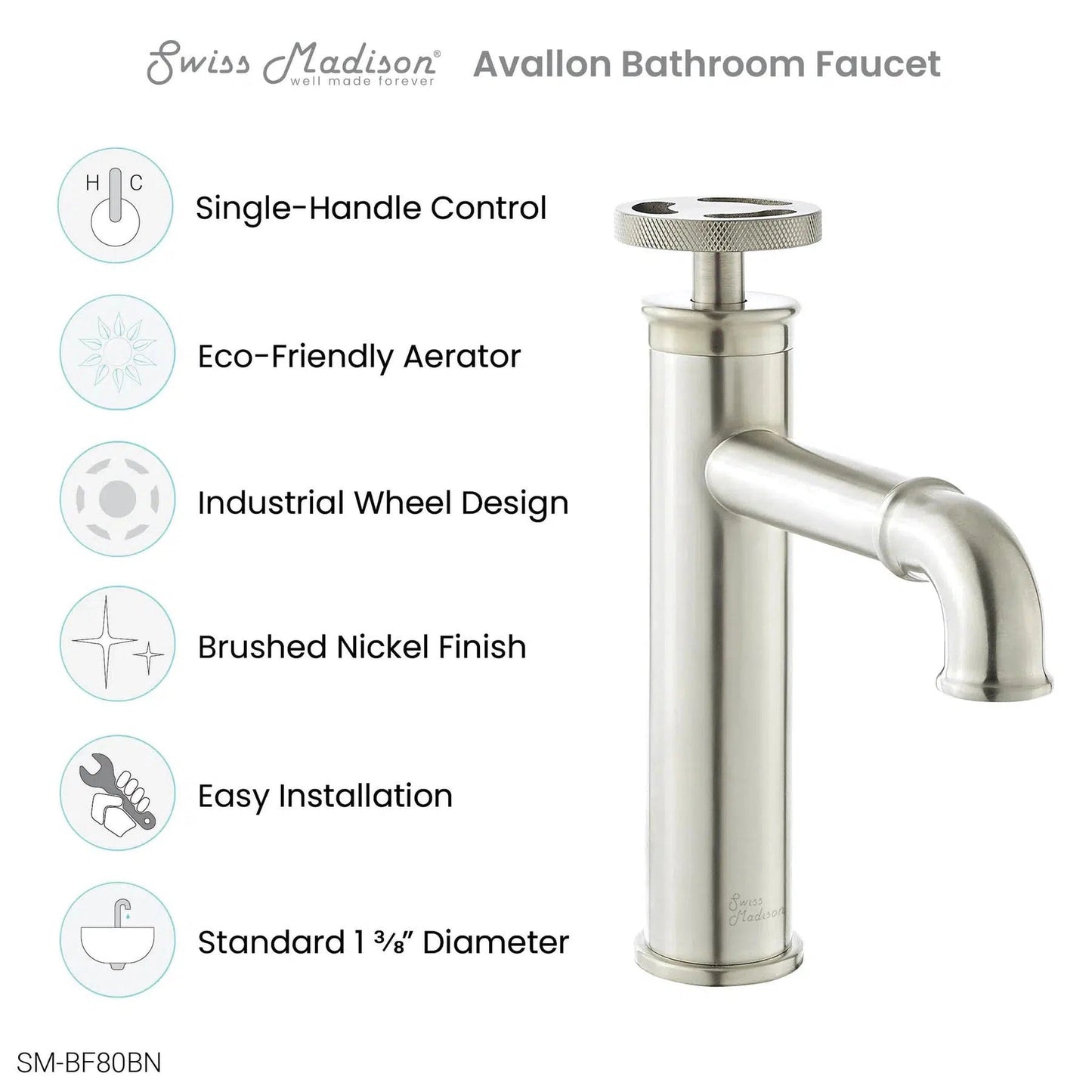 Swiss Madison Avallon 7" Single-Handle Brushed Nickel Bathroom Faucet With 1.2 GPM Flow Rate