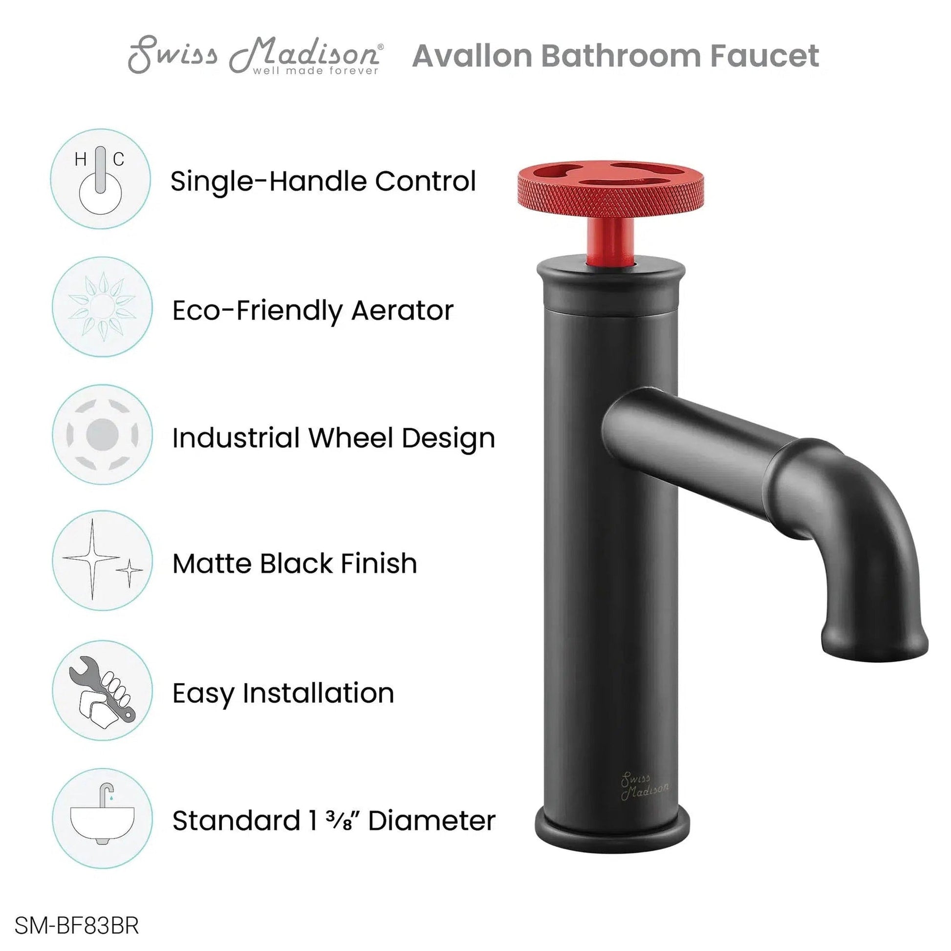 Swiss Madison Avallon 7" Single Red Handle Matte Black Bathroom Faucet With 1.2 GPM Flow Rate