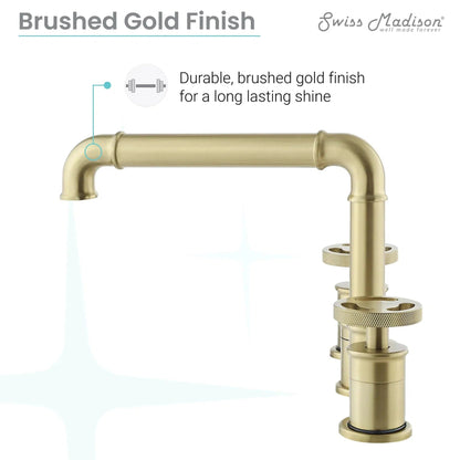 Swiss Madison Avallon 8" Widespread Brushed Gold Bathroom Faucet With Wheel Handle and 1.2 GPM Flow Rate