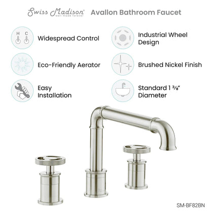 Swiss Madison Avallon 8" Widespread Brushed Nickel Bathroom Faucet With Wheel Handle and 1.2 GPM Flow Rate