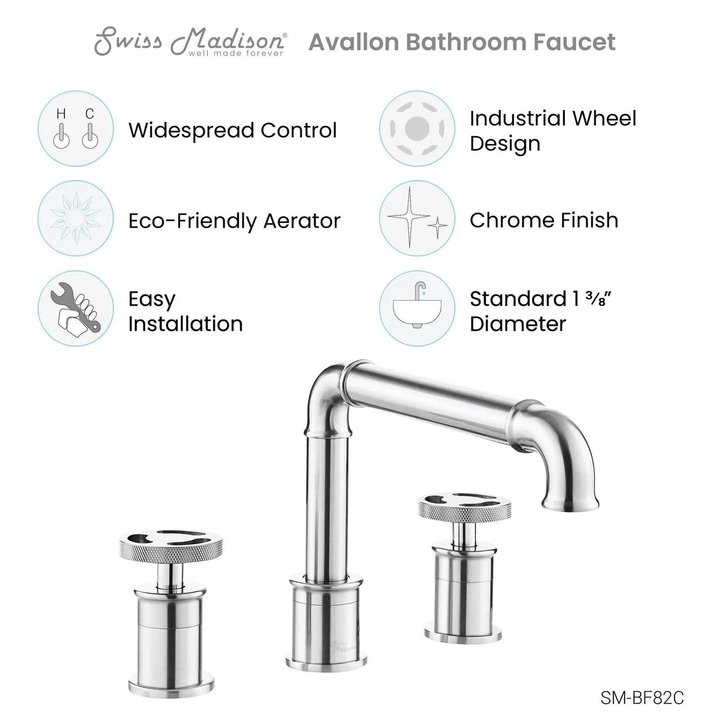 Swiss Madison Avallon 8" Widespread Chrome Bathroom Faucet With Wheel Handle and 1.2 GPM Flow Rate