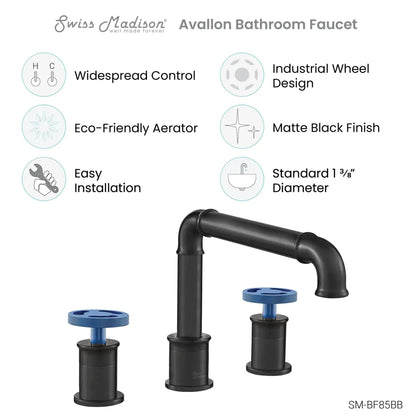 Swiss Madison Avallon 8" Widespread Matte Black Bathroom Faucet With Blue Wheel Handle and 1.2 GPM Flow Rate