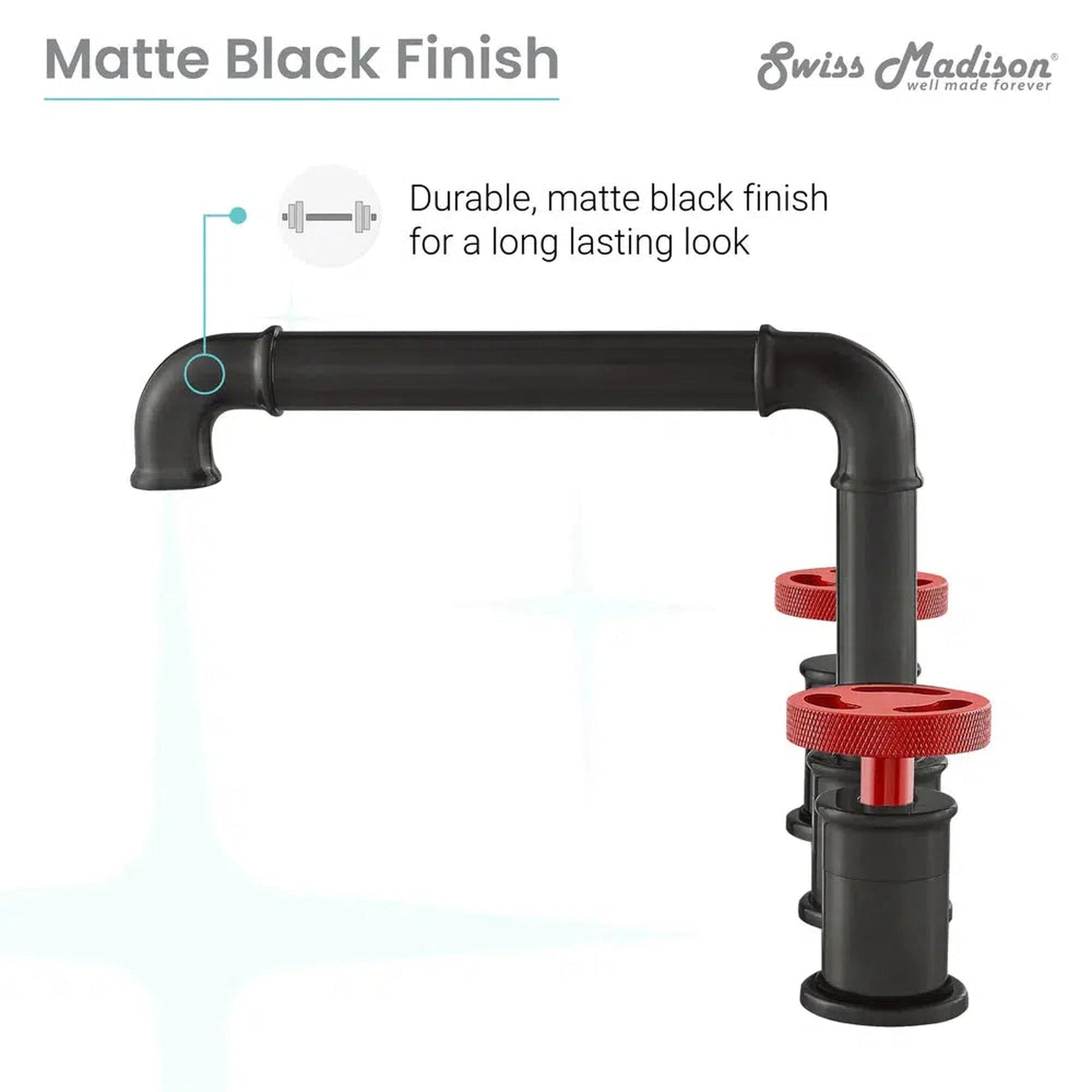 Swiss Madison Avallon 8" Widespread Matte Black Bathroom Faucet With Red Wheel Handle and 1.2 GPM Flow Rate