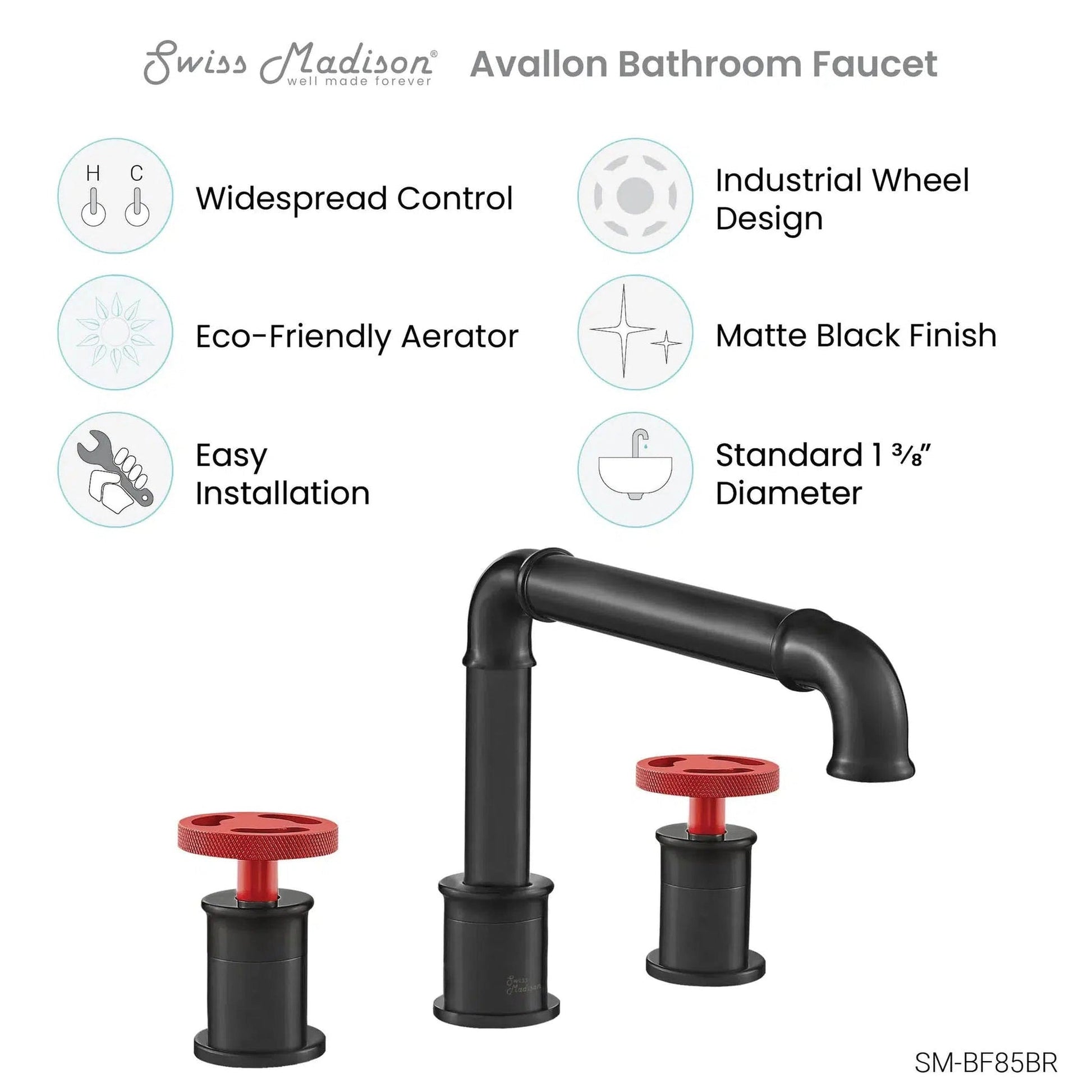 Swiss Madison Avallon 8" Widespread Matte Black Bathroom Faucet With Red Wheel Handle and 1.2 GPM Flow Rate