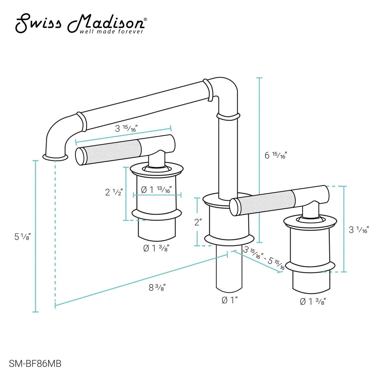 Swiss Madison Avallon 8" Widespread Matte Black With Grip Handle and 1.2 GPM Flow Rate