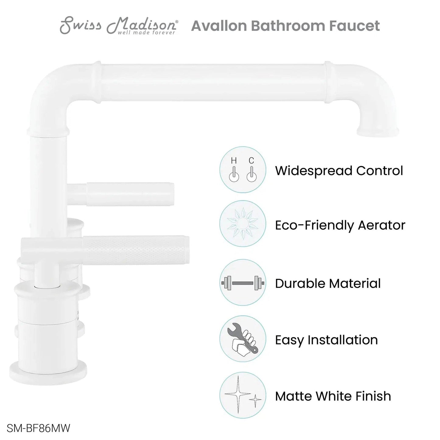 Swiss Madison Avallon 8" Widespread Matte White With Grip Handle and 1.2 GPM Flow Rate