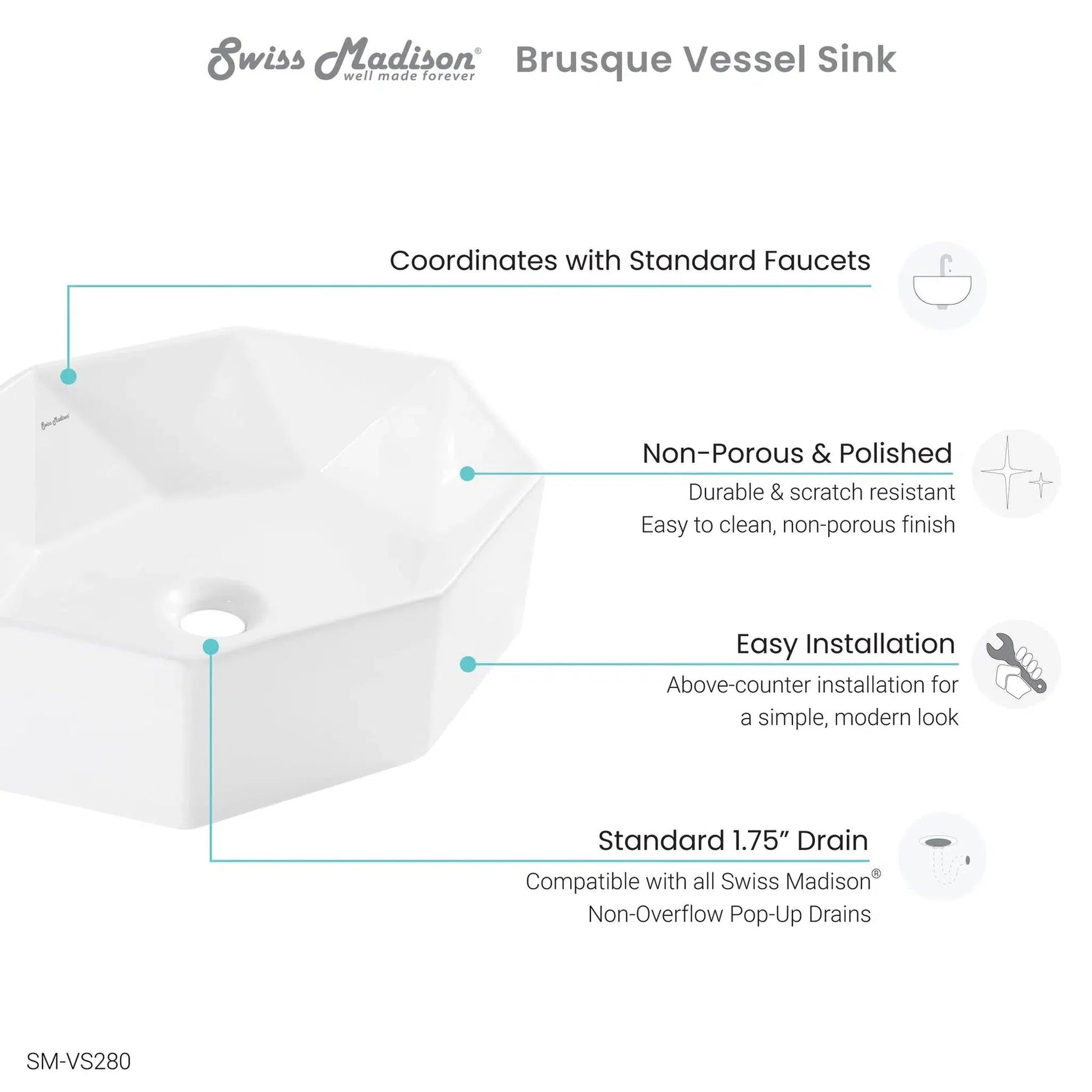 Swiss Madison Brusque 19" x 16" White Octagon Ceramic Vessel Bathroom Sink