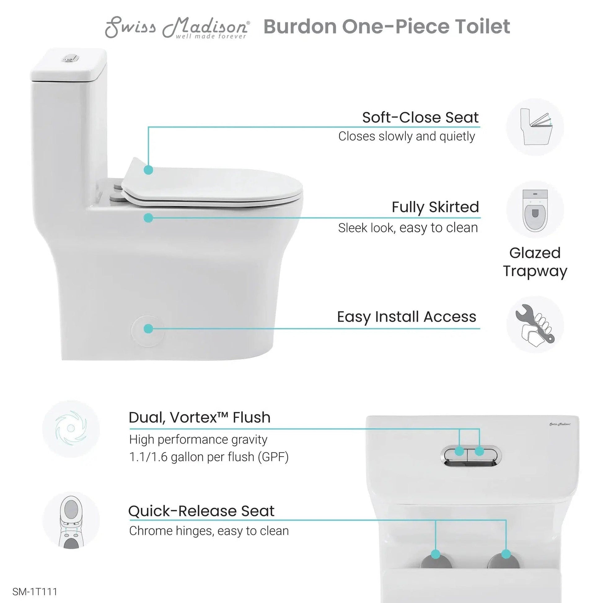 Swiss Madison Burdon 15" x 30" One-Piece Glossy White Elongated Floor-Mounted Toilet With 1.1/1.6 GPF