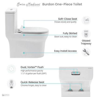 Swiss Madison Burdon 15" x 30" One-Piece Glossy White Elongated Floor-Mounted Toilet With 1.1/1.6 GPF