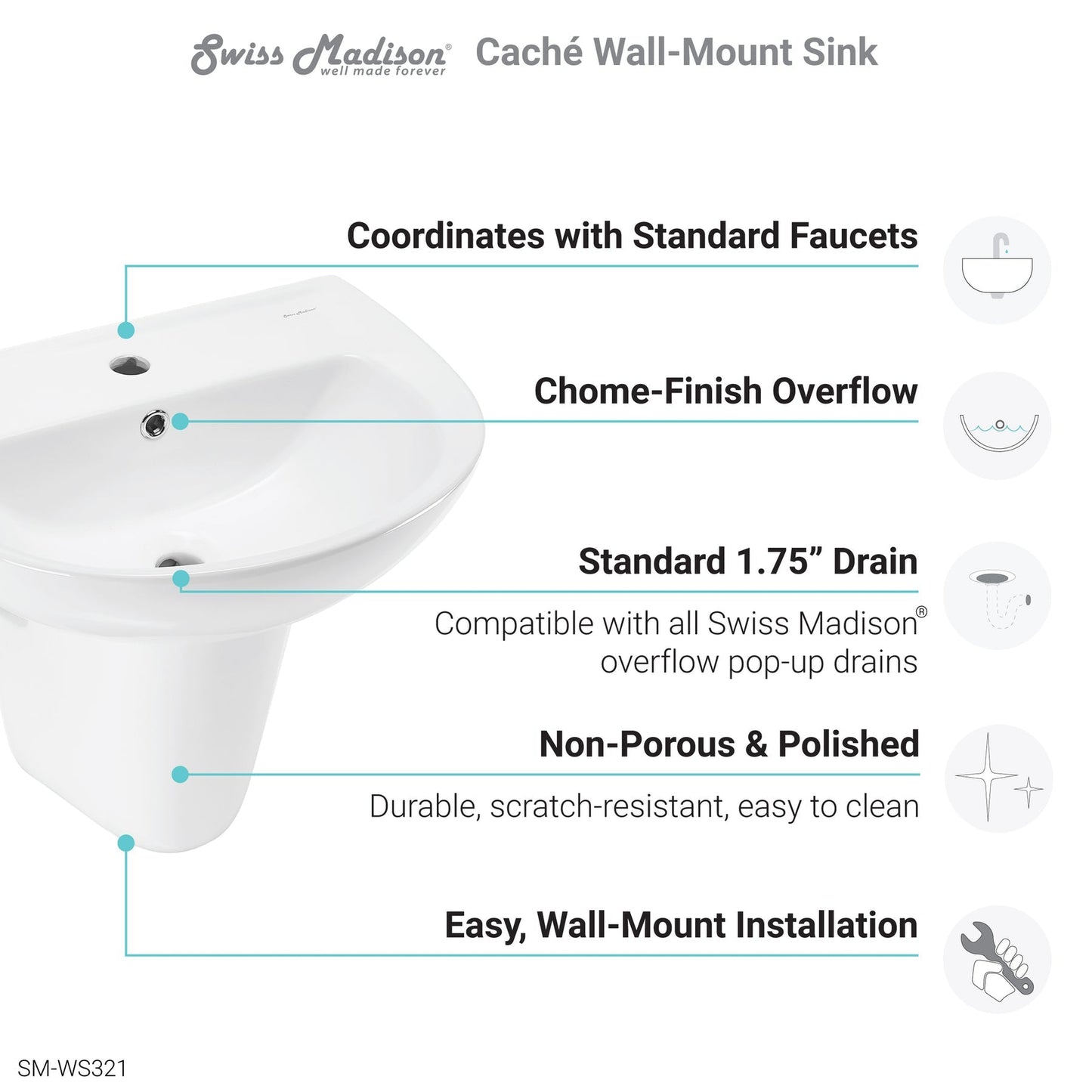 Swiss Madison Caché 21" x 18" White Ceramic Wall-Hung Half Pedestal Bathroom Sink With Predrilled Faucet Holes and Overflow