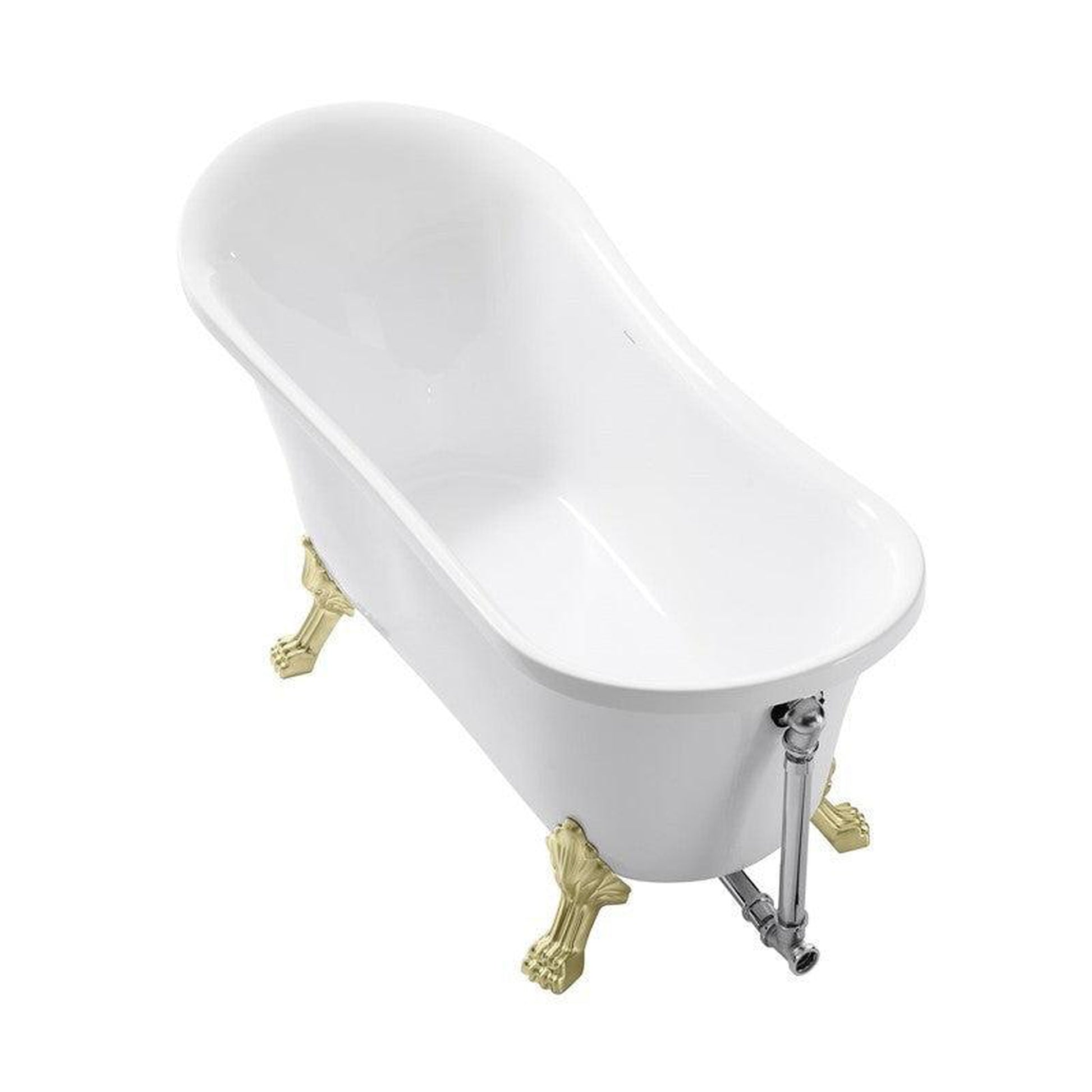 Swiss Madison Caché 63" x 29" White Right-Hand Drain Freestanding Bathtub With Adjustable Brushed Gold Clawfoot Feet, Overflow Kit and Pop-Up Drain