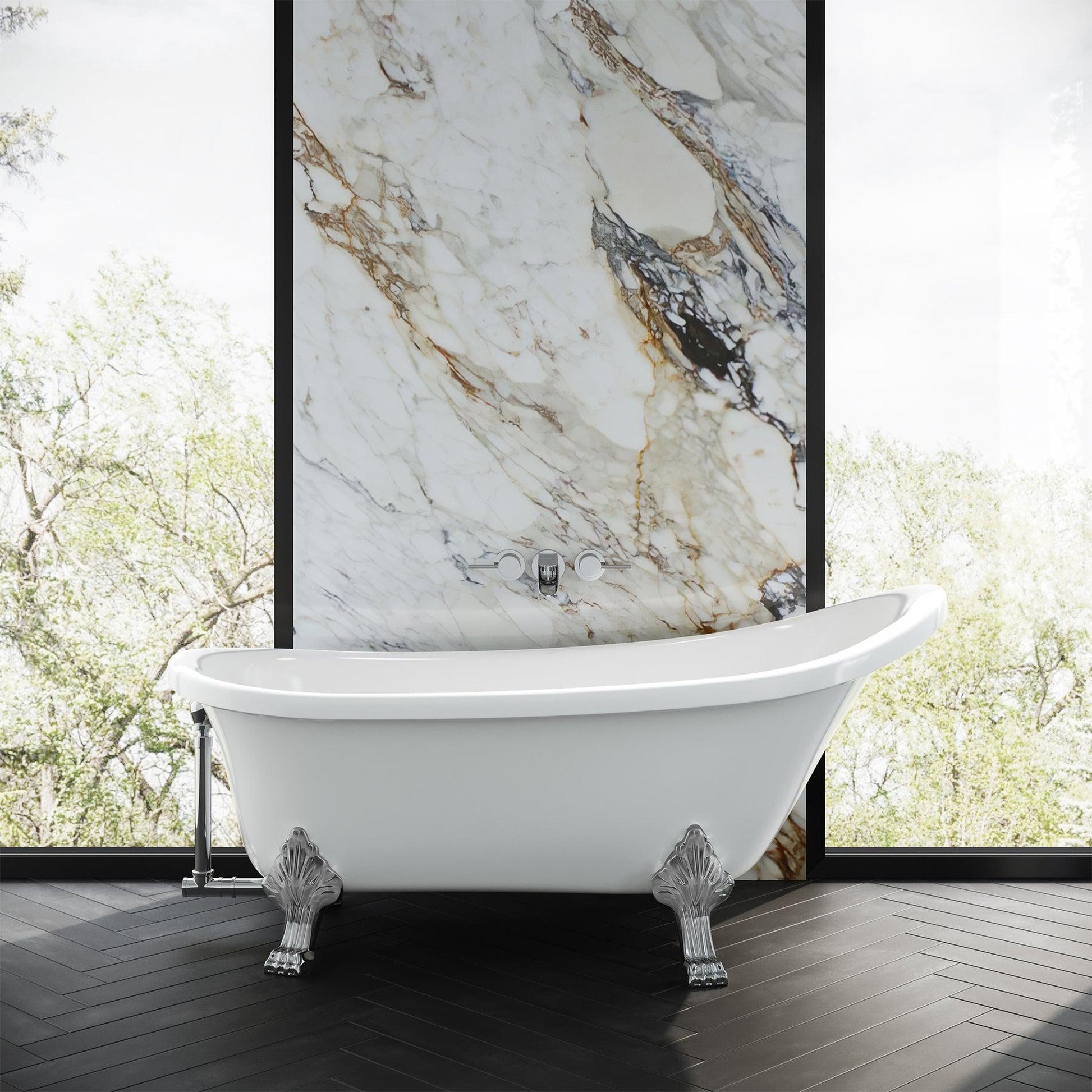 Swiss Madison Caché 63" x 29" White Right-Hand Drain Freestanding Bathtub With Adjustable Chrome Clawfoot Feet, Overflow Kit and Pop-Up Drain