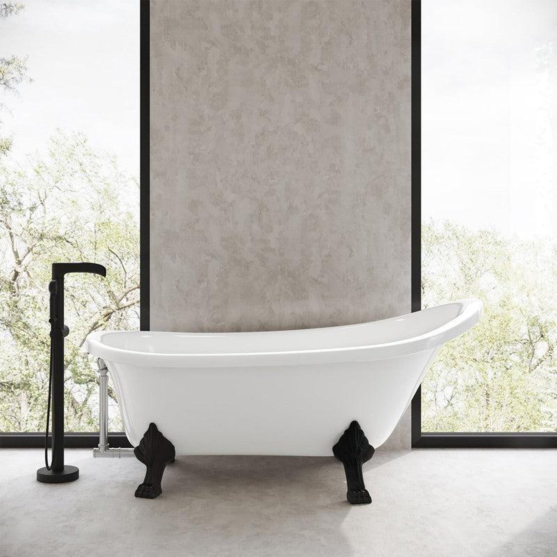 Swiss Madison Caché 63" x 29" White Right-Hand Drain Freestanding Bathtub With Adjustable Matte Black Clawfoot Feet, Overflow Kit and Pop-Up Drain