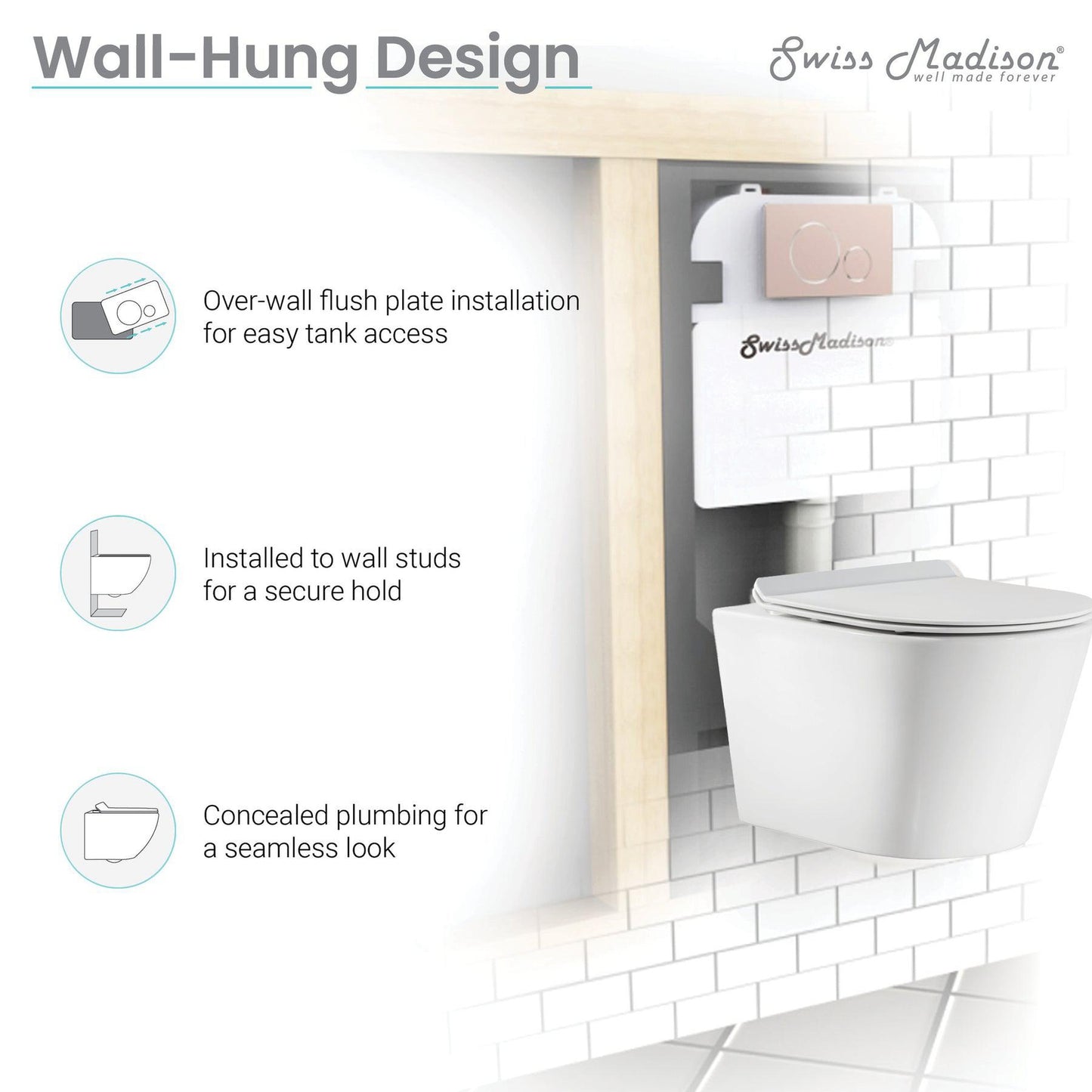 Swiss Madison Calice 14" x 13" Glossy White Round Wall-Hung Toilet Bundle With In-Wall Carrier Tank and 0.8/1.6 GPF Dual-Flush Large Wall Actuator Plate