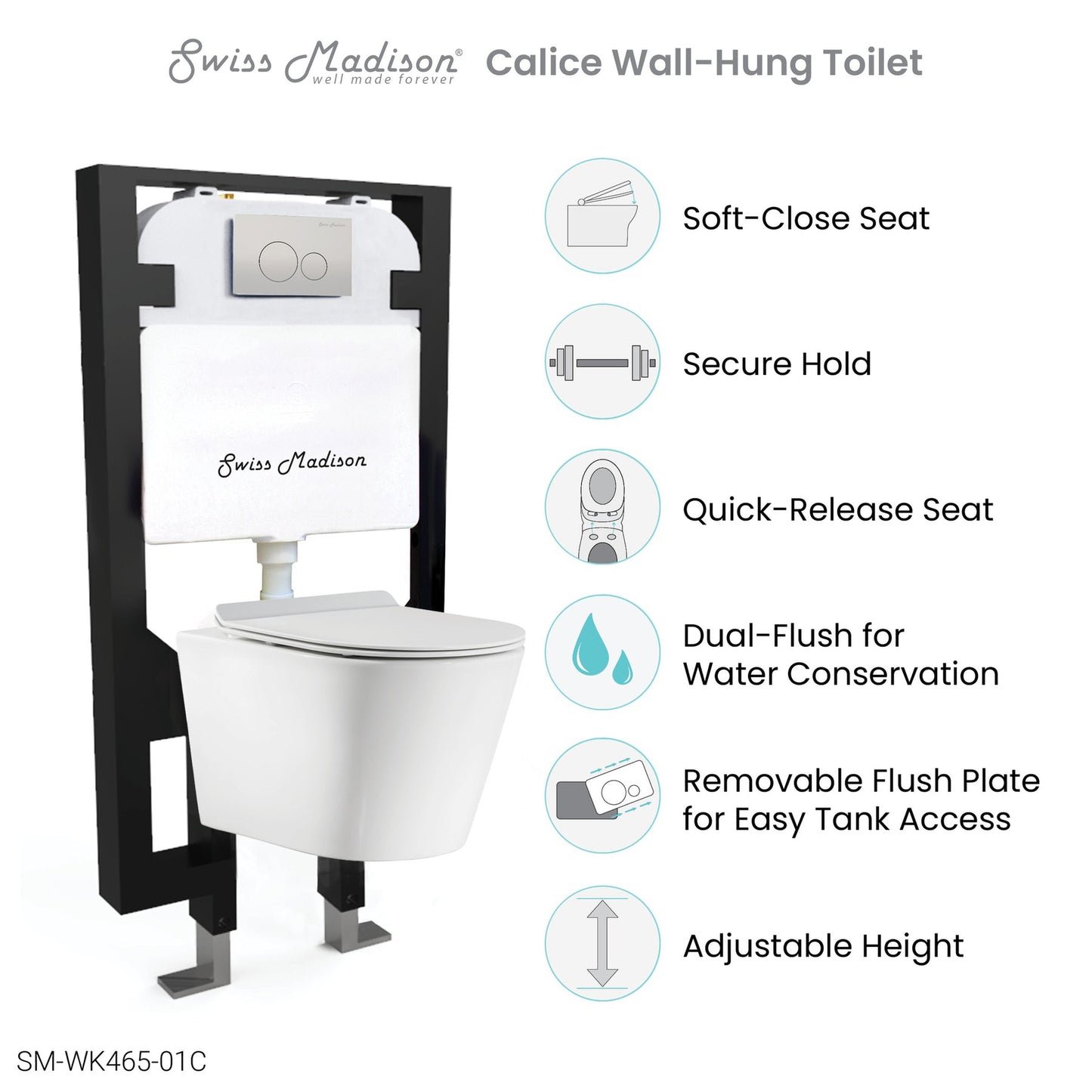 Swiss Madison Calice 14" x 13" Glossy White Round Wall-Hung Toilet Bundle With In-Wall Carrier Tank and 0.8/1.6 GPF Dual-Flush Large Wall Actuator Plate