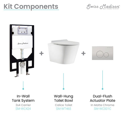 Swiss Madison Calice 14" x 13" Glossy White Round Wall-Hung Toilet Bundle With In-Wall Carrier Tank and 0.8/1.6 GPF Dual-Flush Large Wall Actuator Plate