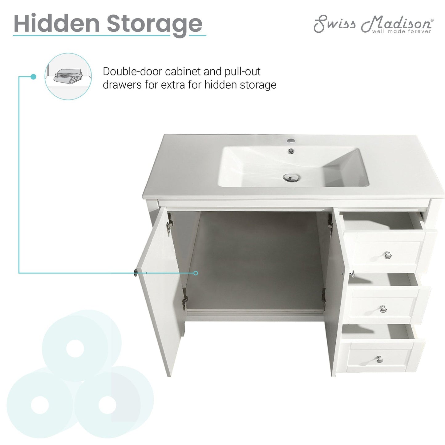 Swiss Madison Cannes 48" x 36" Freestanding Glossy White Bathroom Vanity With Ceramic Single Sink and Chrome Hardware