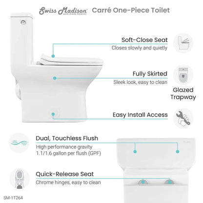 Swiss Madison Carré 15" x 30" One-Piece White Elongated Square Floor-Mounted Toilet With 1.1/1.6 GPF Touchless Dual-Flush