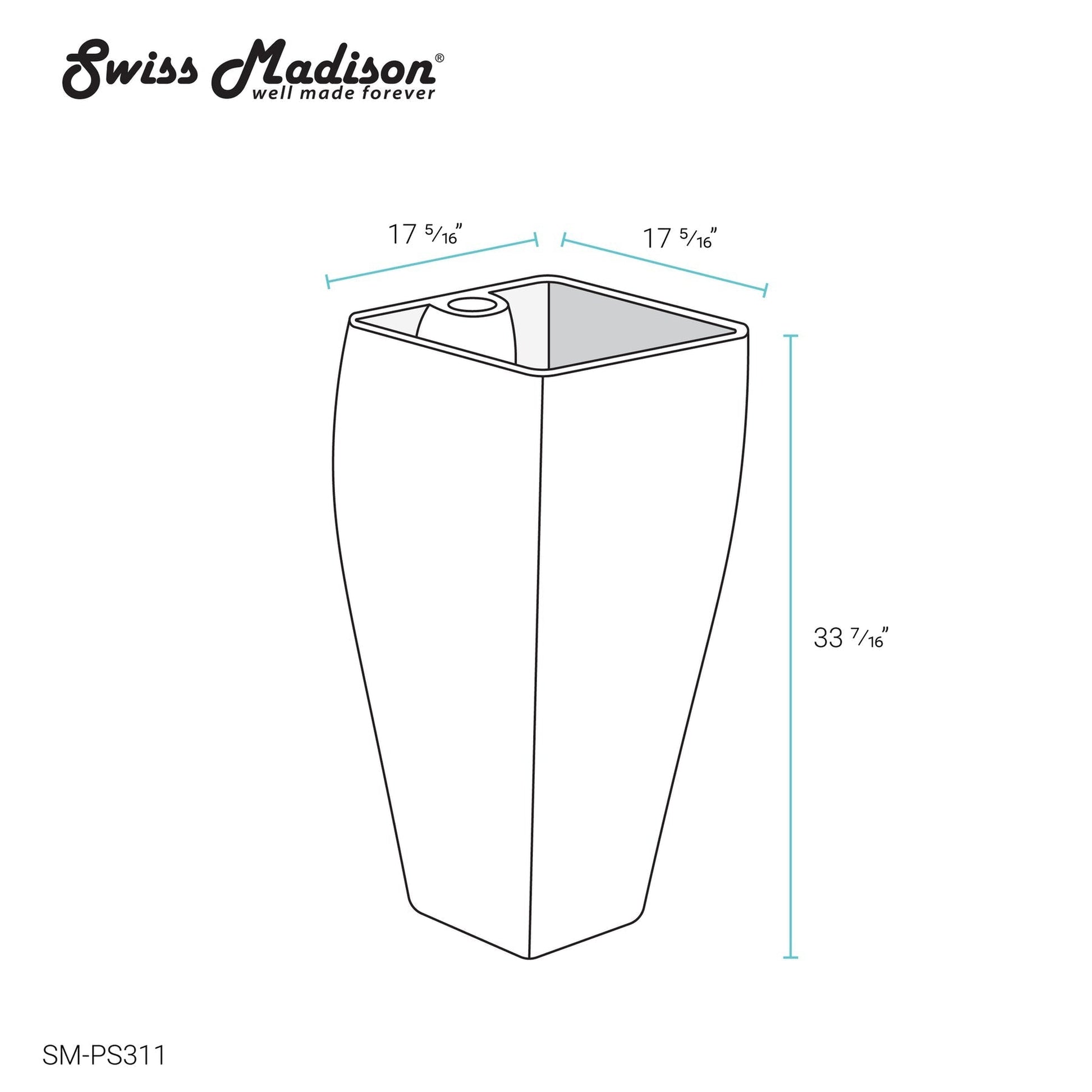 Swiss Madison Carré 17" x 33" Freestanding One-Piece Squared White Pedestal Sink With Overflow
