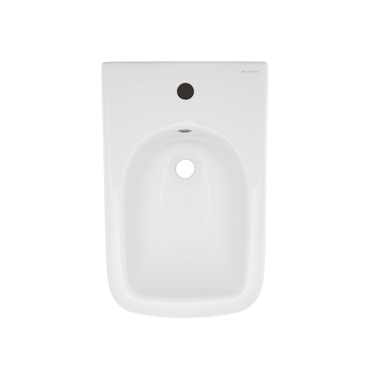 Swiss Madison Carré 22" x 14" Glossy White Square Back-To-Wall Bidet With Single Faucet Hole and Chrome Overflow Cover