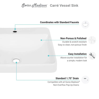 Swiss Madison Carré 23" x 19" White Rectangle Ceramic Bathroom Vessel Sink