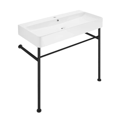 Swiss Madison Carre 35" x 35" Wall-Mounted Console Sink With White Basin and Black Legs