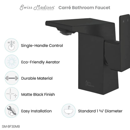Swiss Madison Carré 6" Matte Black Single Hole Bathroom Faucet With Flow Rate of 1.2 GPM