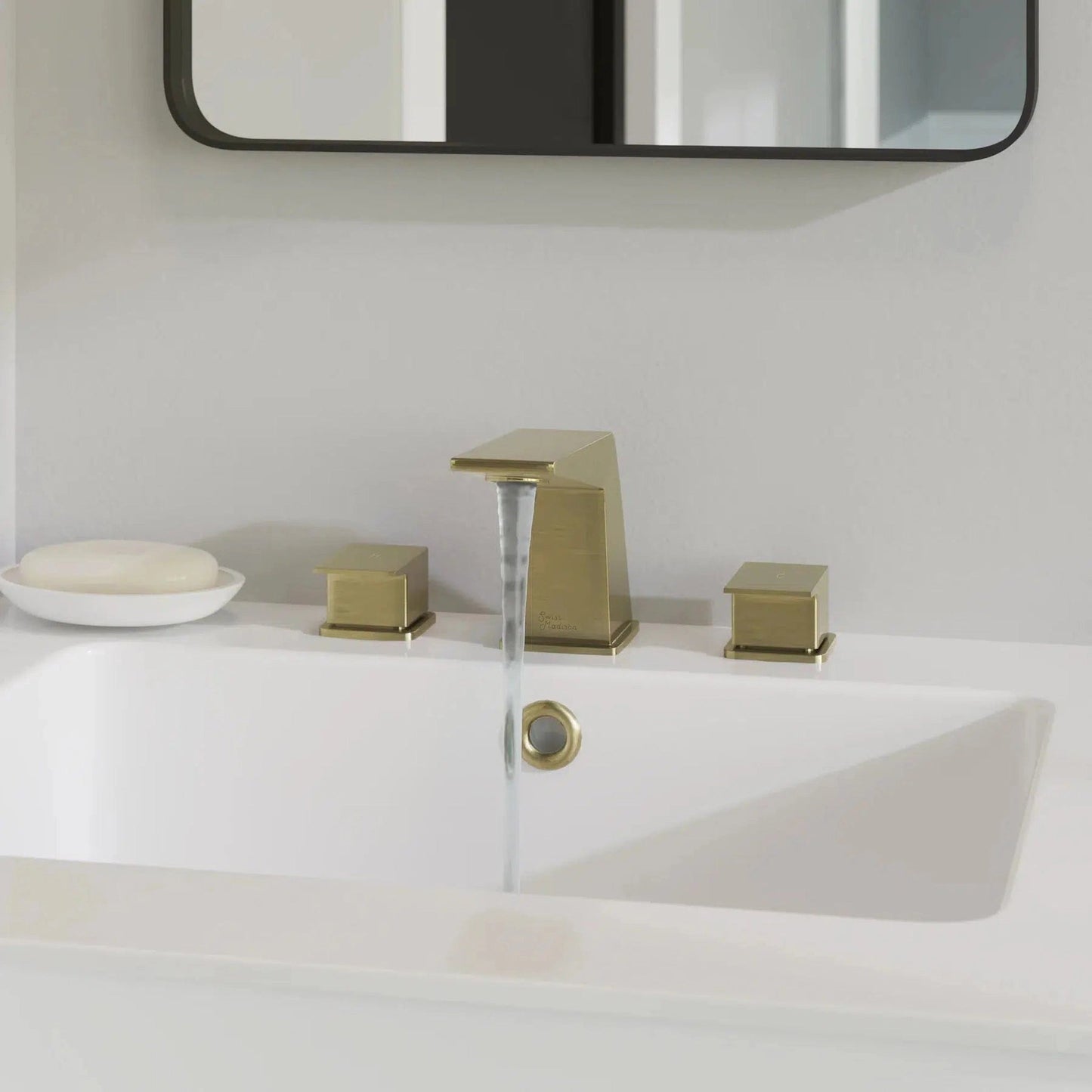 Swiss Madison Carré 8" Brushed Gold Widespread Bathroom Faucet With Knob Handles and 1.2 GPM Flow Rate