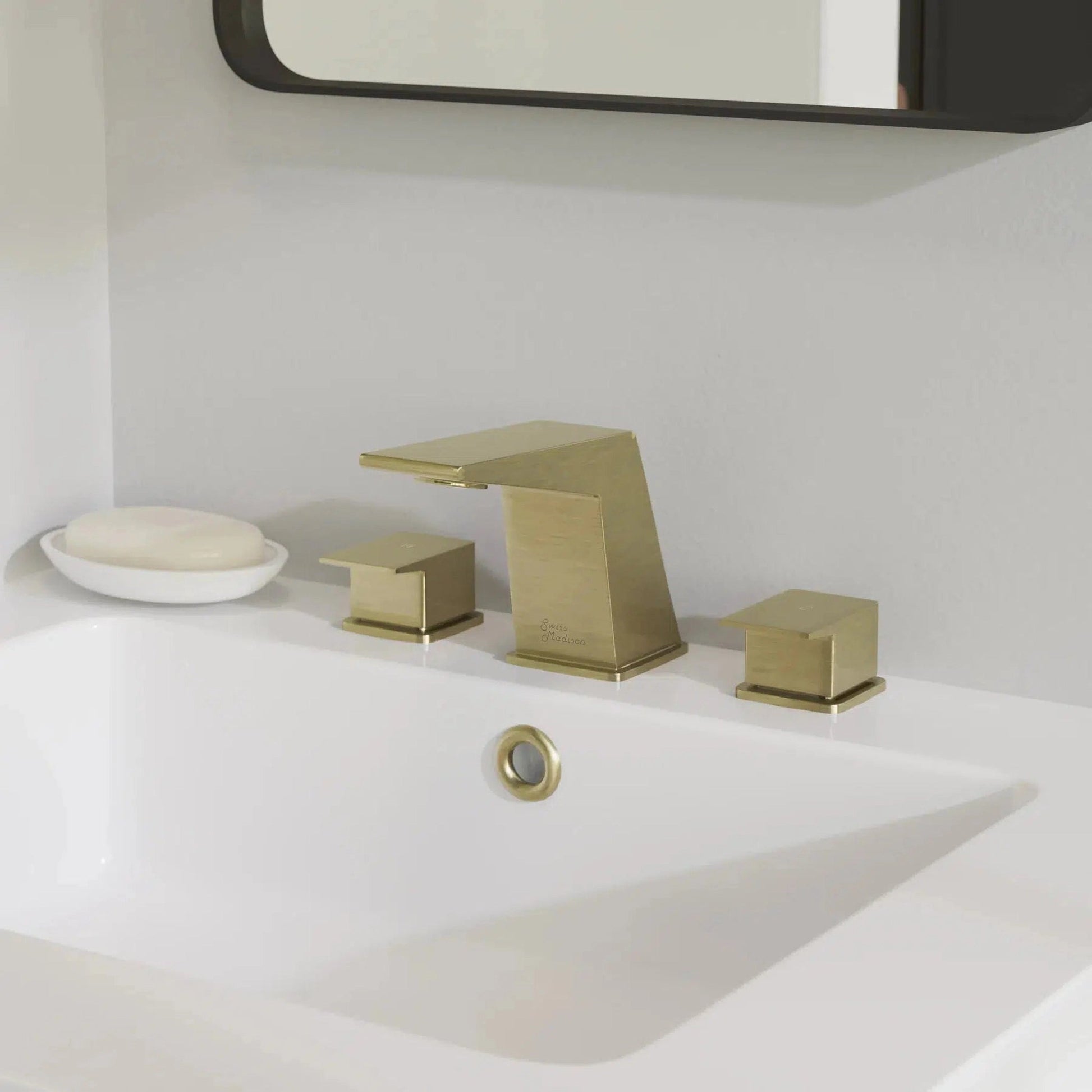 Swiss Madison Carré 8" Brushed Gold Widespread Bathroom Faucet With Knob Handles and 1.2 GPM Flow Rate
