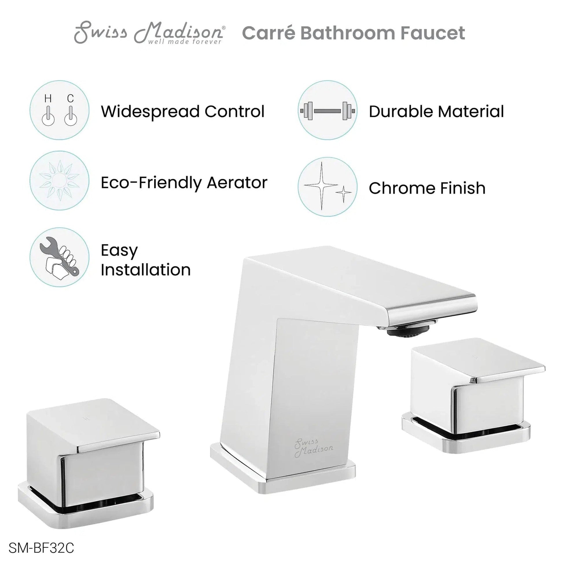 Swiss Madison Carré 8" Chrome Widespread Bathroom Faucet With Knob Handles and 1.2 GPM Flow Rate