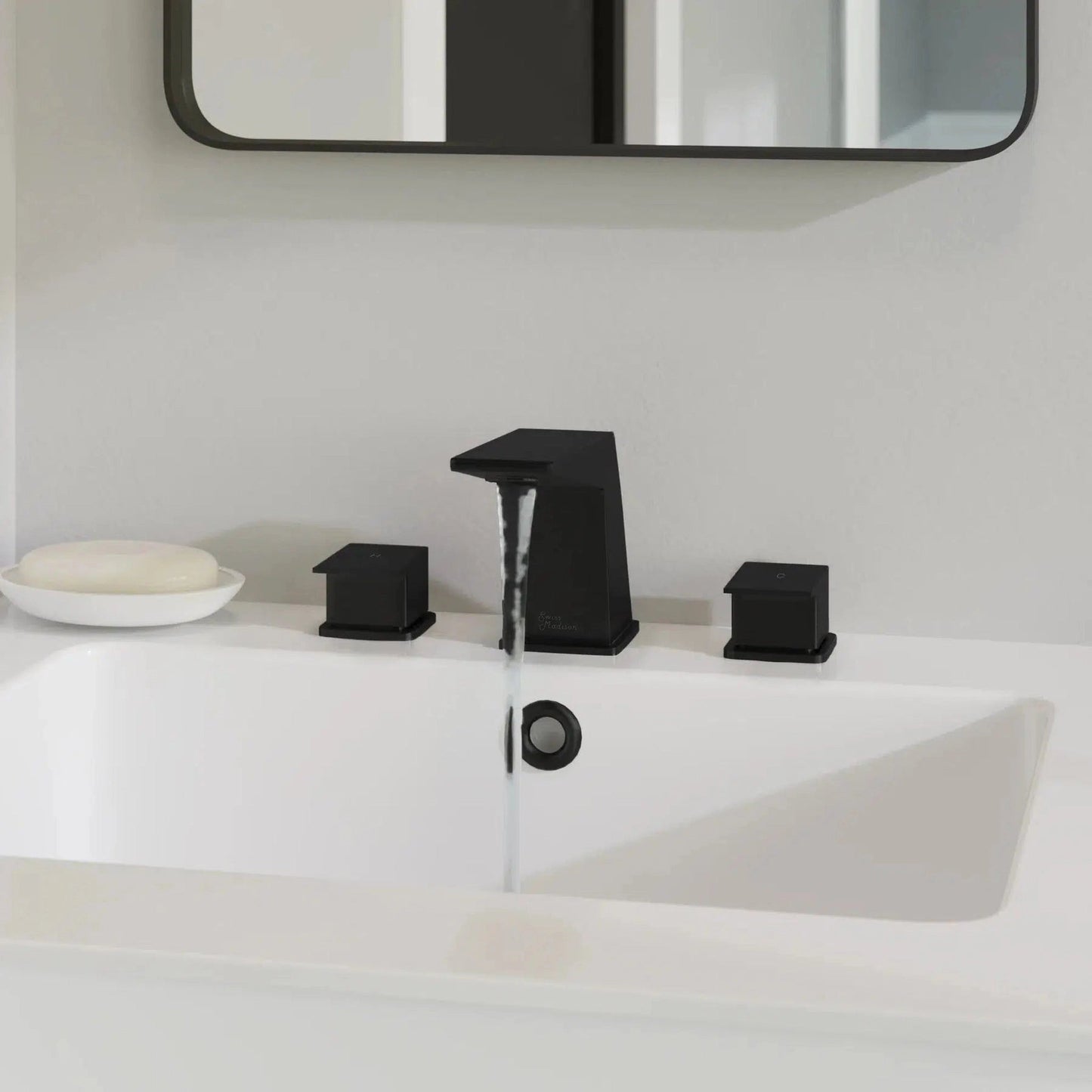 Swiss Madison Carré 8" Matte Black Widespread Bathroom Faucet With Knob Handles and 1.2 GPM Flow Rate