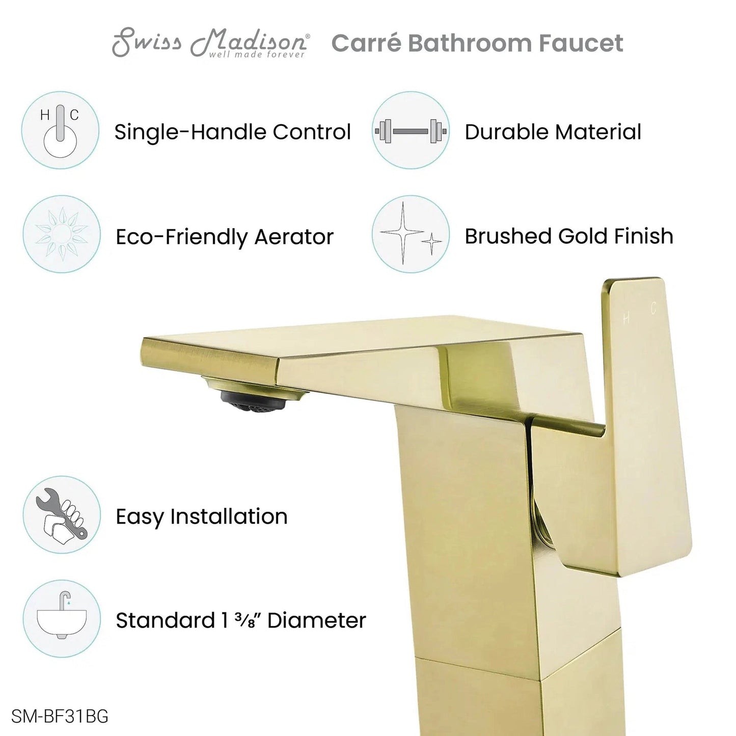 Swiss Madison Carré 9" Brushed Gold Single Hole Bathroom Faucet With Flow Rate of 1.2 GPM