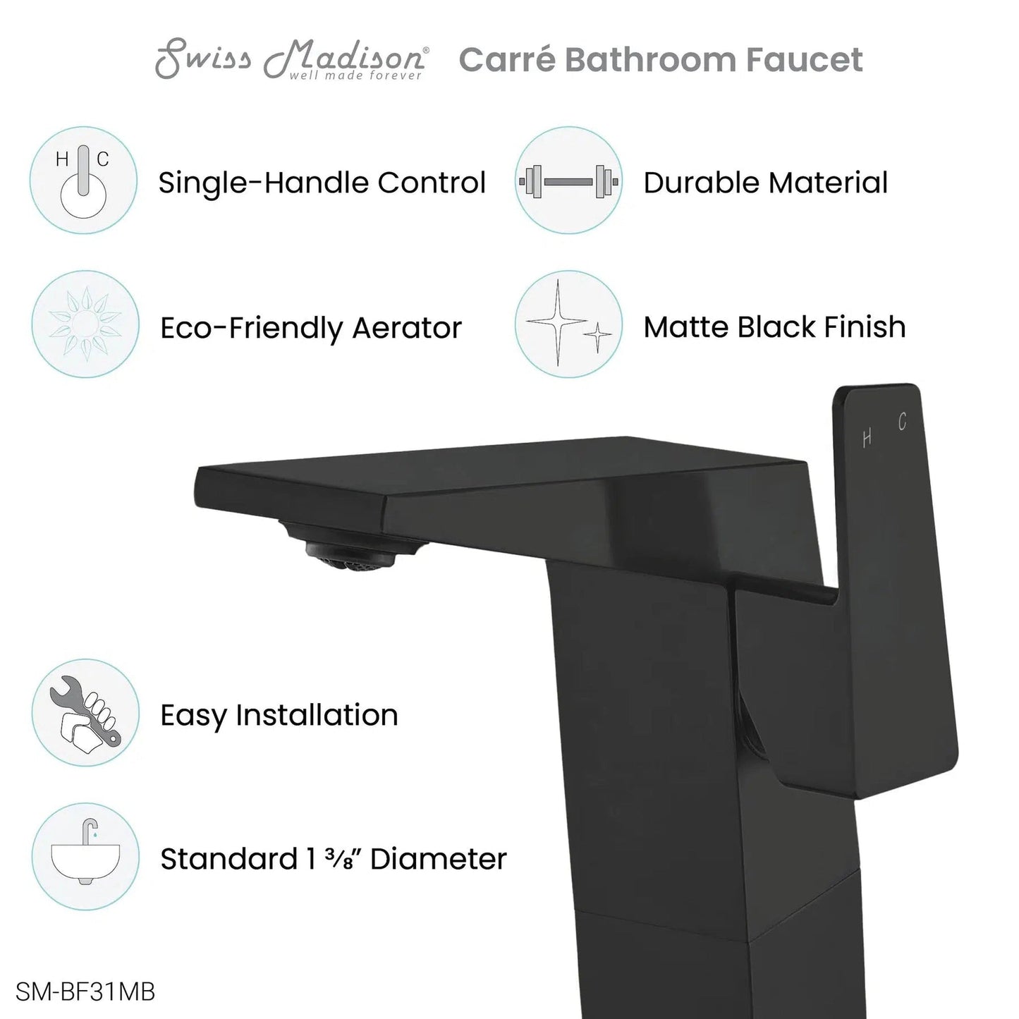 Swiss Madison Carré 9" Matte Black Single Hole Bathroom Faucet With Flow Rate of 1.2 GPM