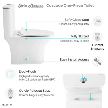 Swiss Madison Cascade 14" x 30" One-Piece White Elongated Floor-Mounted Toilet With 0.8/1.28 GPF