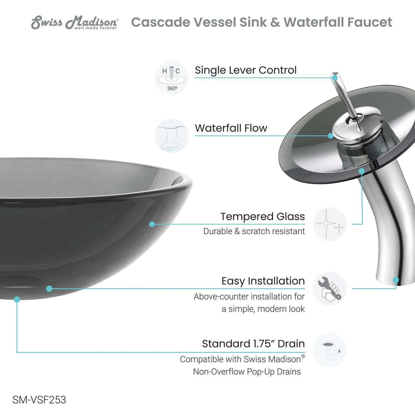 Swiss Madison Cascade 17" x 17" Black Round Tempered Glass Vessel Bathroom Sink With Waterfall Faucet