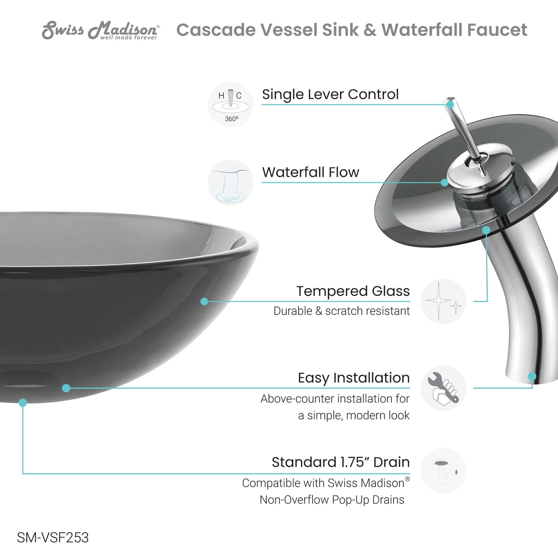 Swiss Madison Cascade 17" x 17" Black Round Tempered Glass Vessel Bathroom Sink With Waterfall Faucet