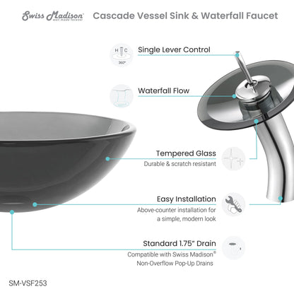 Swiss Madison Cascade 17" x 17" Black Round Tempered Glass Vessel Bathroom Sink With Waterfall Faucet