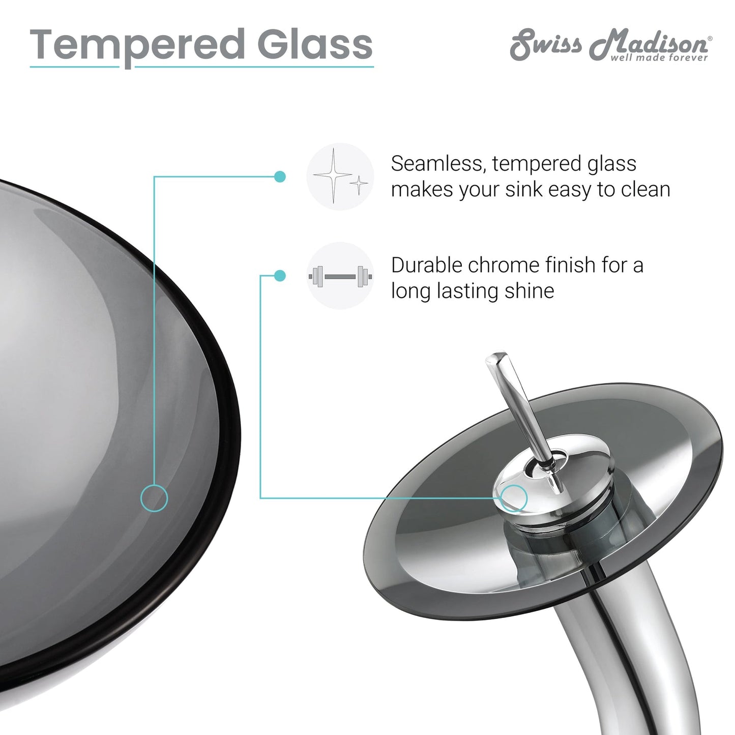 Swiss Madison Cascade 17" x 17" Black Round Tempered Glass Vessel Bathroom Sink With Waterfall Faucet