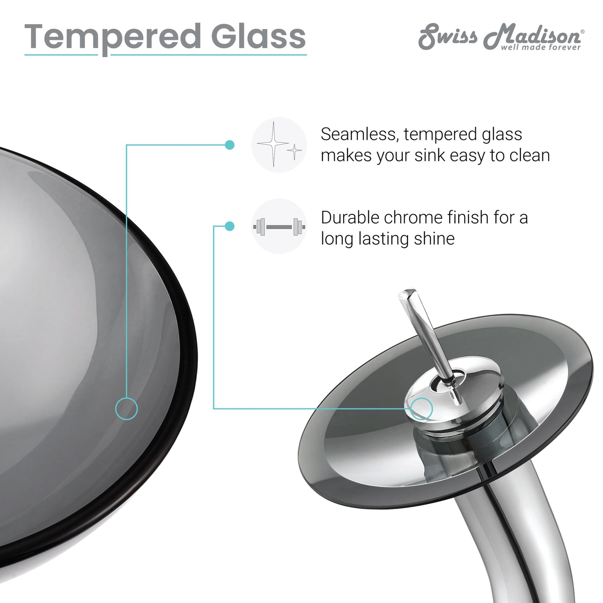 Swiss Madison Cascade 17" x 17" Black Round Tempered Glass Vessel Bathroom Sink With Waterfall Faucet