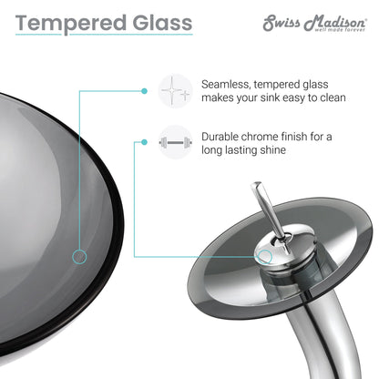 Swiss Madison Cascade 17" x 17" Black Round Tempered Glass Vessel Bathroom Sink With Waterfall Faucet