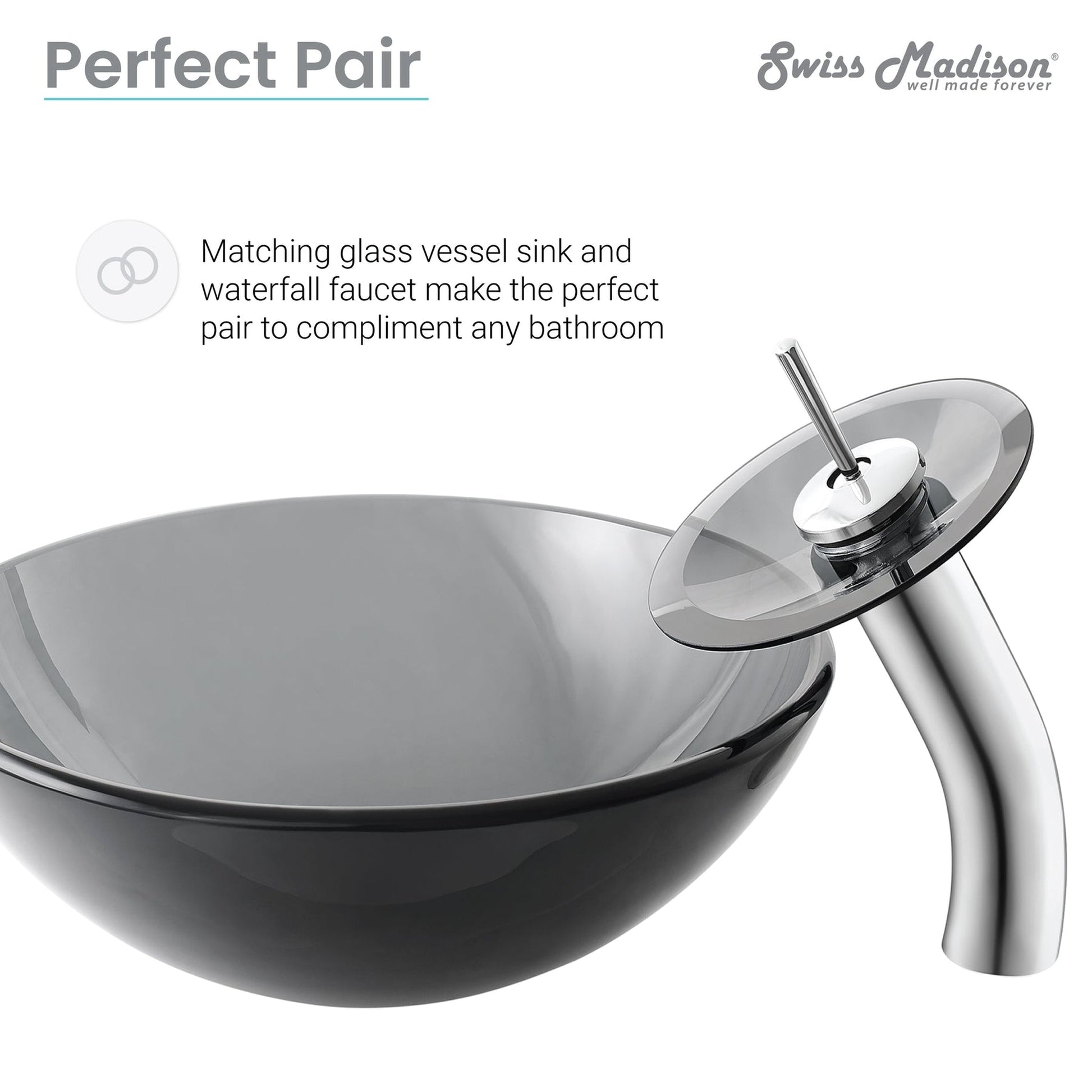 Swiss Madison Cascade 17" x 17" Black Round Tempered Glass Vessel Bathroom Sink With Waterfall Faucet