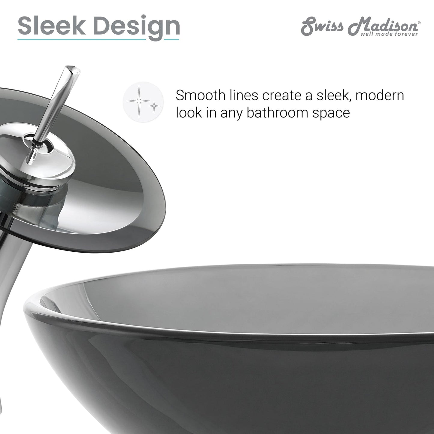 Swiss Madison Cascade 17" x 17" Black Round Tempered Glass Vessel Bathroom Sink With Waterfall Faucet