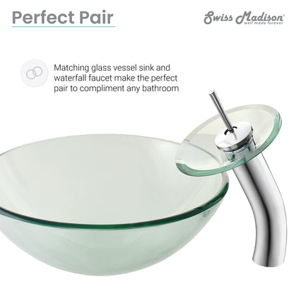 Swiss Madison Cascade 17" x 17" Clear Round Tempered Glass Bathroom Vessel Sink With Waterfall Faucet