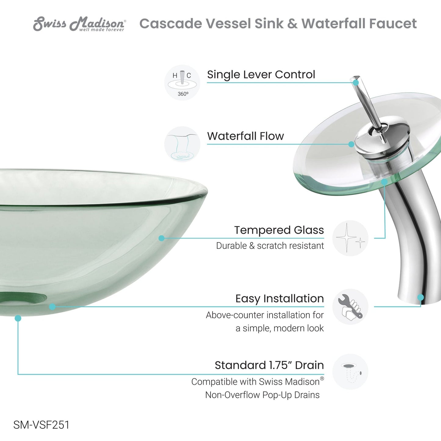 Swiss Madison Cascade 17" x 17" Clear Round Tempered Glass Vessel Bathroom Sink With Waterfall Faucet