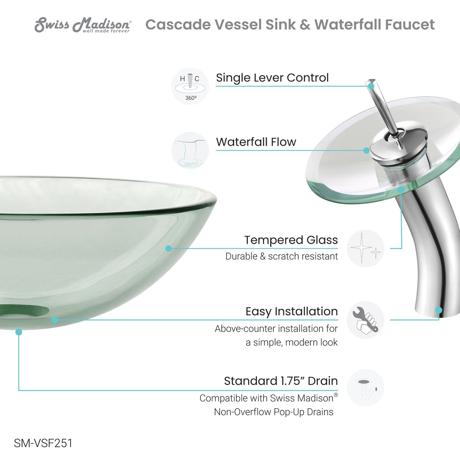 Swiss Madison Cascade 17" x 17" Clear Round Tempered Glass Vessel Bathroom Sink With Waterfall Faucet