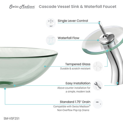 Swiss Madison Cascade 17" x 17" Clear Round Tempered Glass Vessel Bathroom Sink With Waterfall Faucet