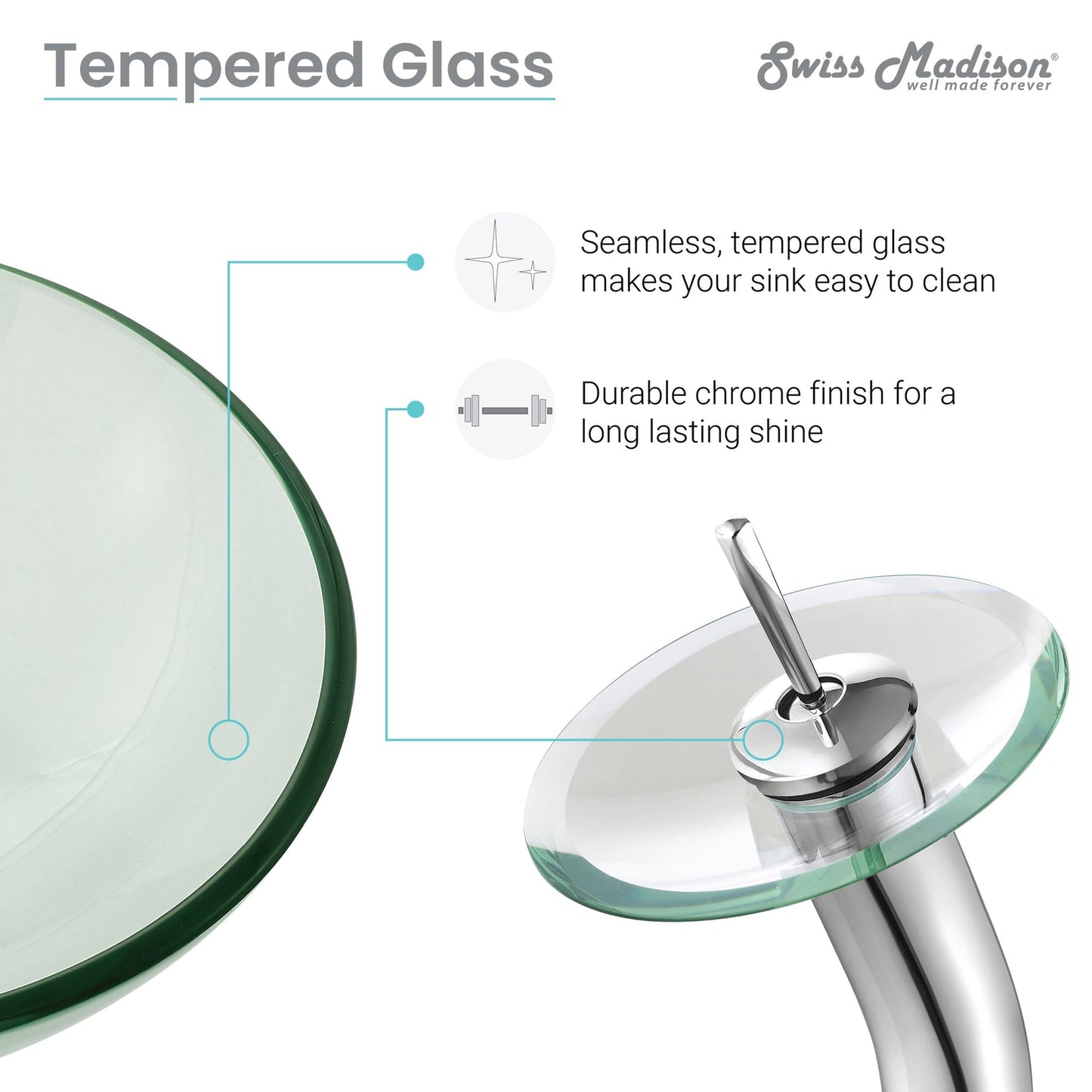 Swiss Madison Cascade 17" x 17" Clear Round Tempered Glass Vessel Bathroom Sink With Waterfall Faucet