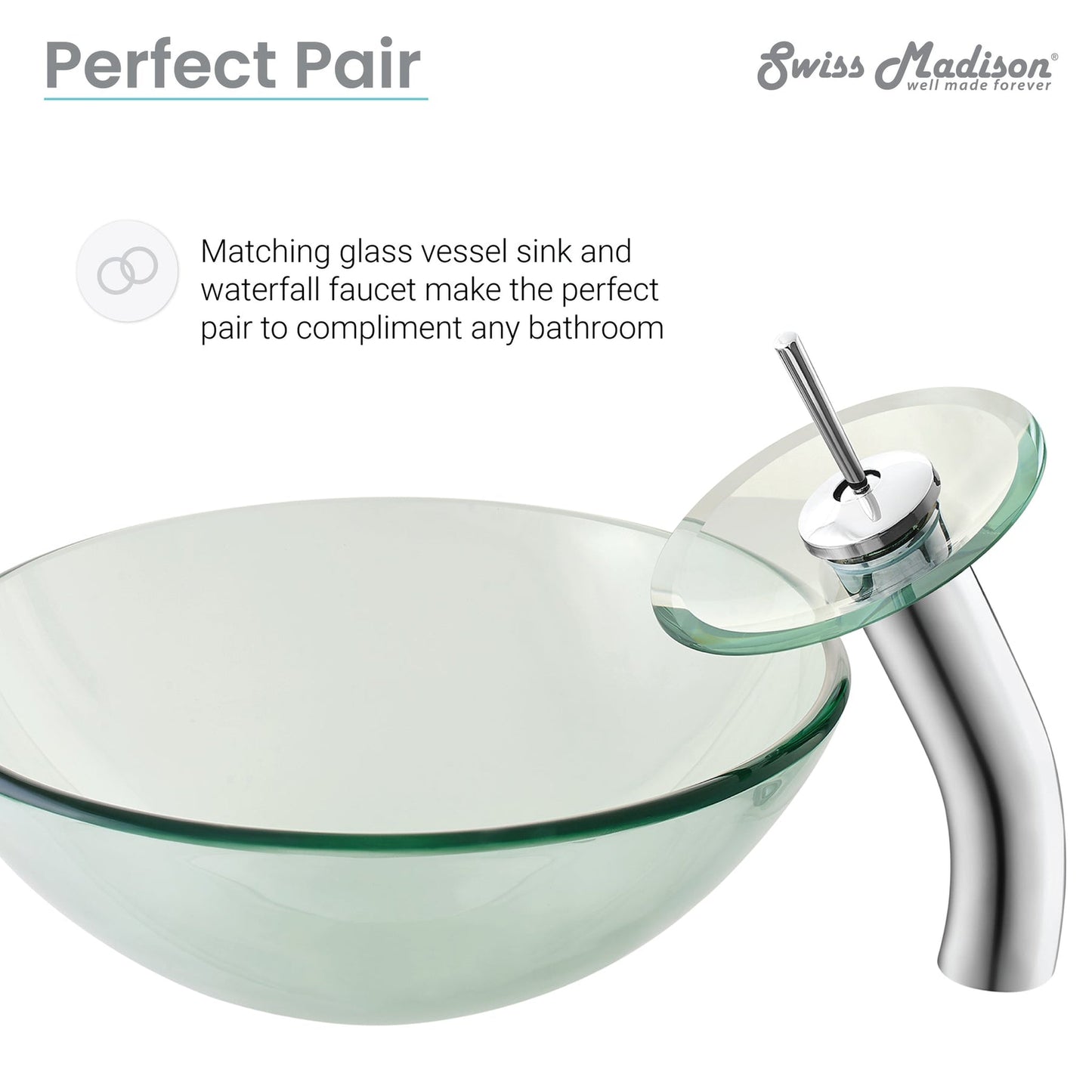 Swiss Madison Cascade 17" x 17" Clear Round Tempered Glass Vessel Bathroom Sink With Waterfall Faucet