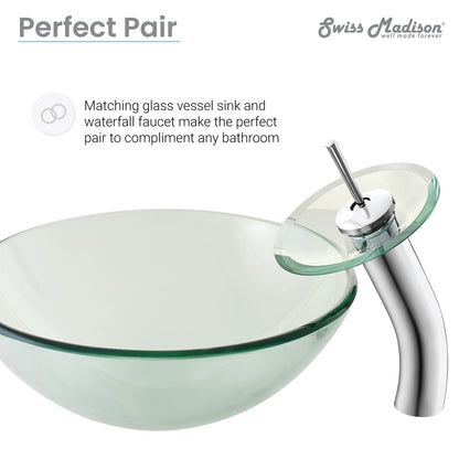 Swiss Madison Cascade 17" x 17" Clear Round Tempered Glass Vessel Bathroom Sink With Waterfall Faucet